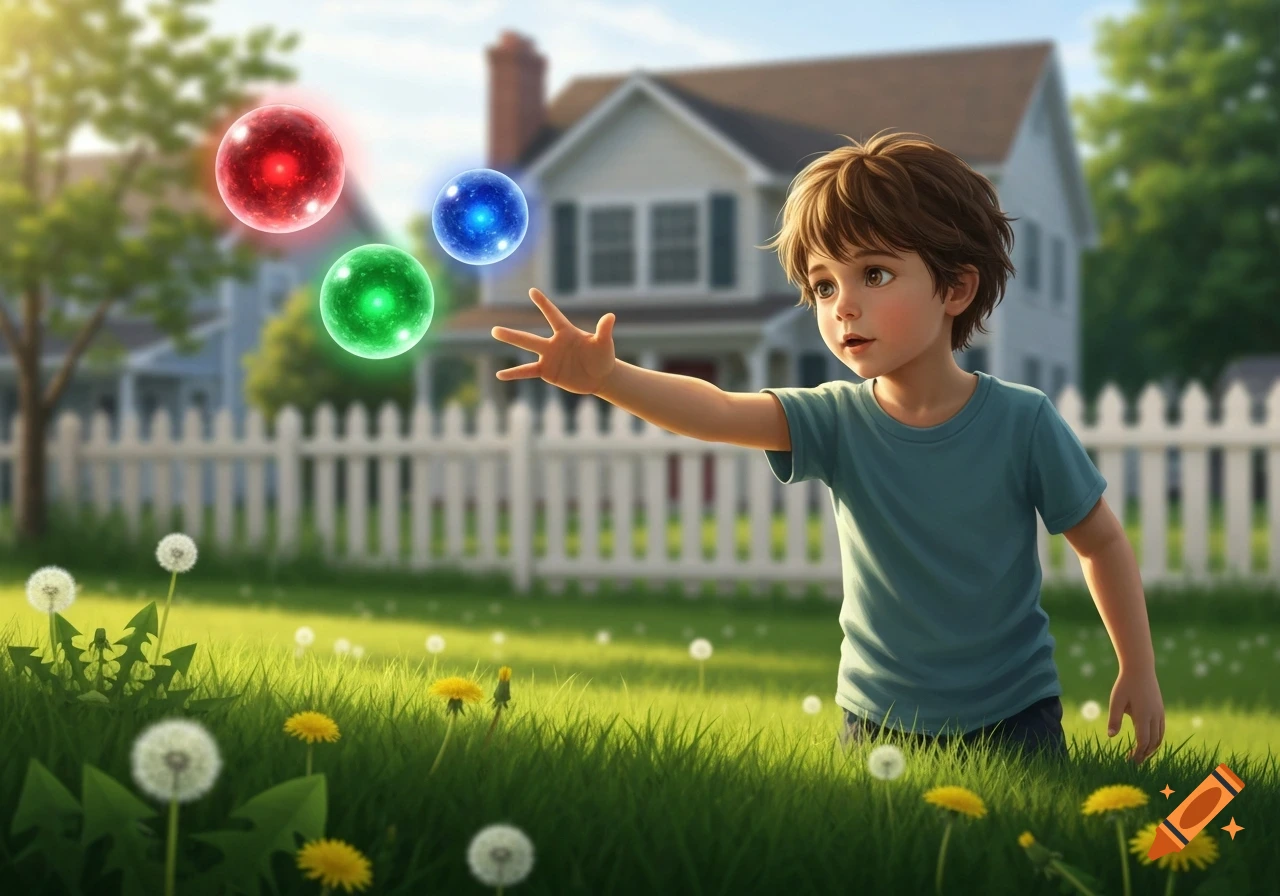 Young boy in a sunny suburban yard reaching for three glowing red, blue, and green orbs.