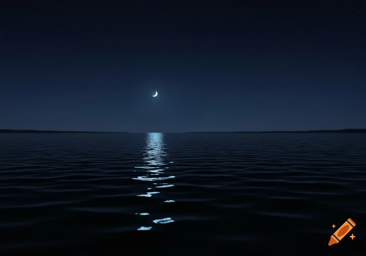 A crescent moon casts a shimmering reflection on the calm, dark sea at night, with a dark horizon.