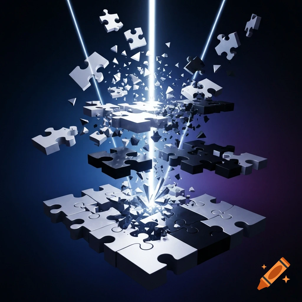 Abstract digital art of puzzle pieces breaking apart and reassembling with glowing light beams.