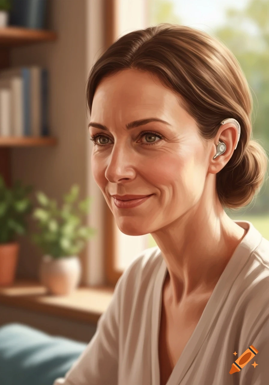 A smiling woman wearing a behind-the-ear hearing aid, looking away from the camera in a warm, blurred indoor setting.