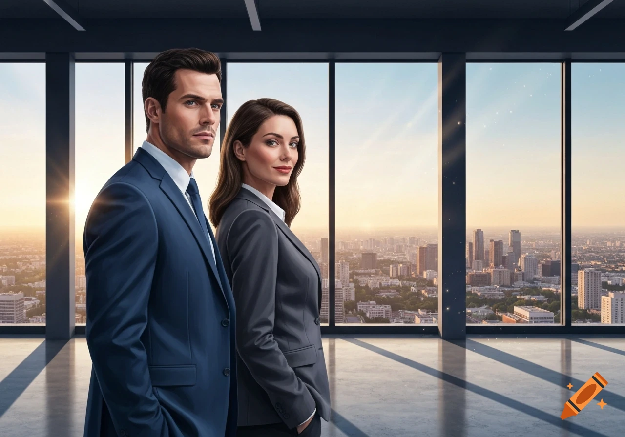 Two business people in suits stand in a modern office with large windows overlooking a city skyline at sunset.