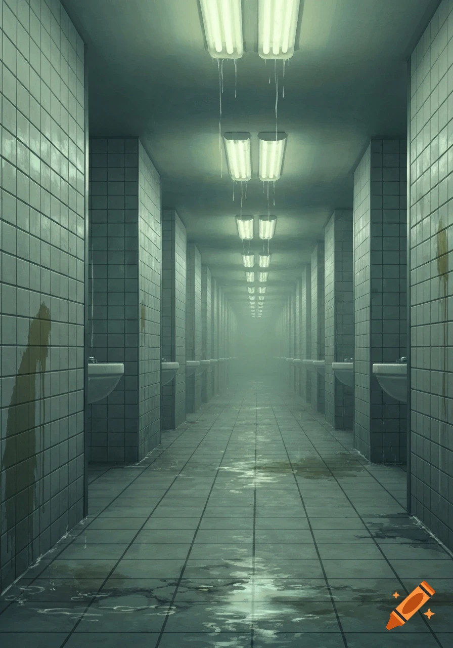 An eerie, seemingly endless, dilapidated bathroom corridor with rows of sinks, tiled walls, puddles, and dripping fluorescent lights.