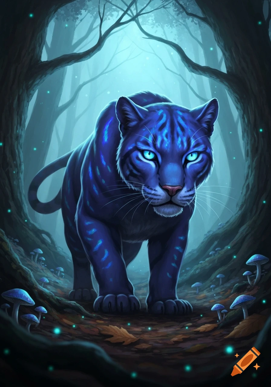 A mystical blue tiger with glowing stripes and eyes walks through a dark, ethereal forest filled with glowing mushrooms.