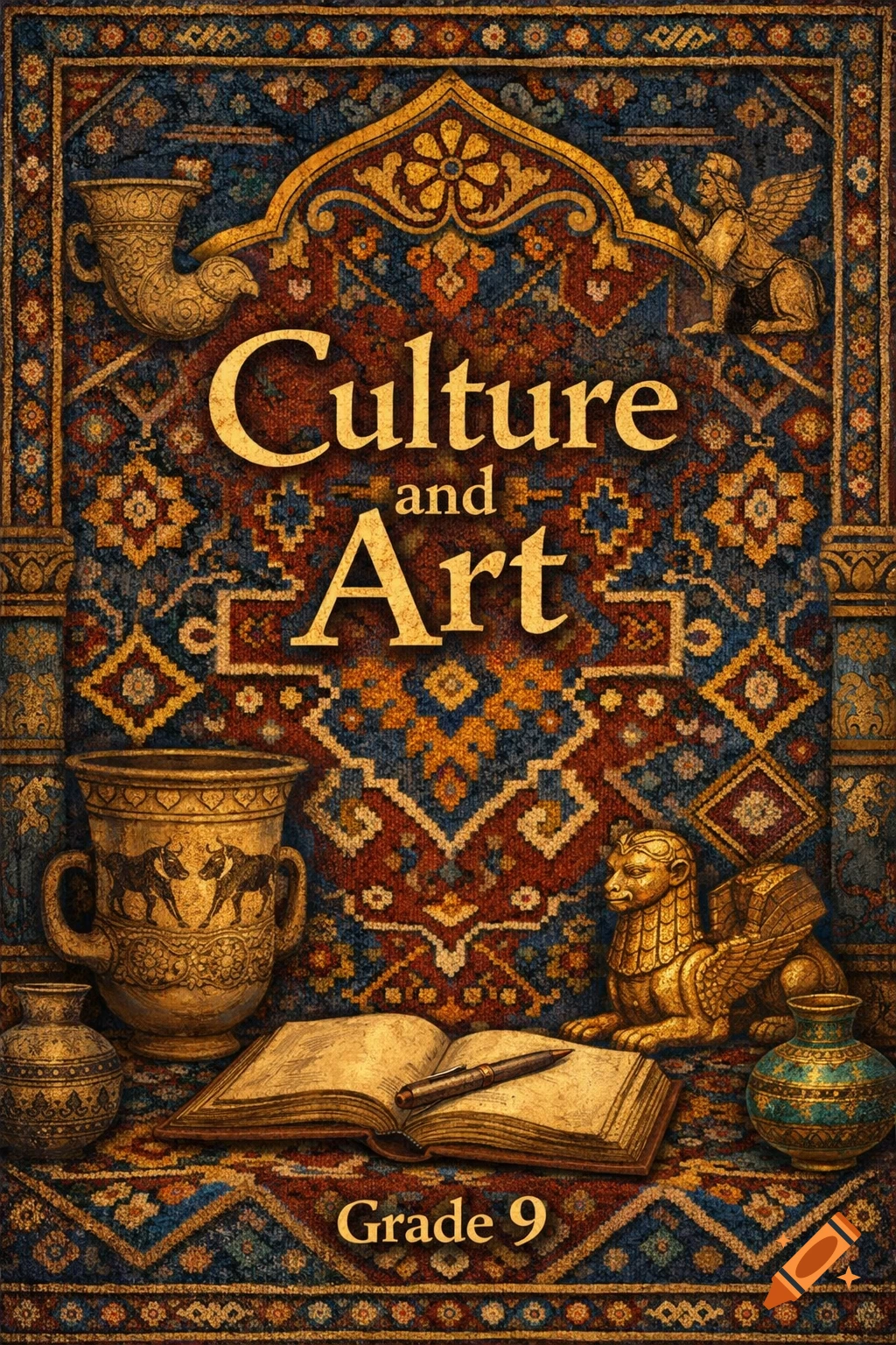 Book cover for 'Culture and Art Grade 9' with ornate Persian rug patterns, an open book, ancient vases, and gold statues of mythological creatures.