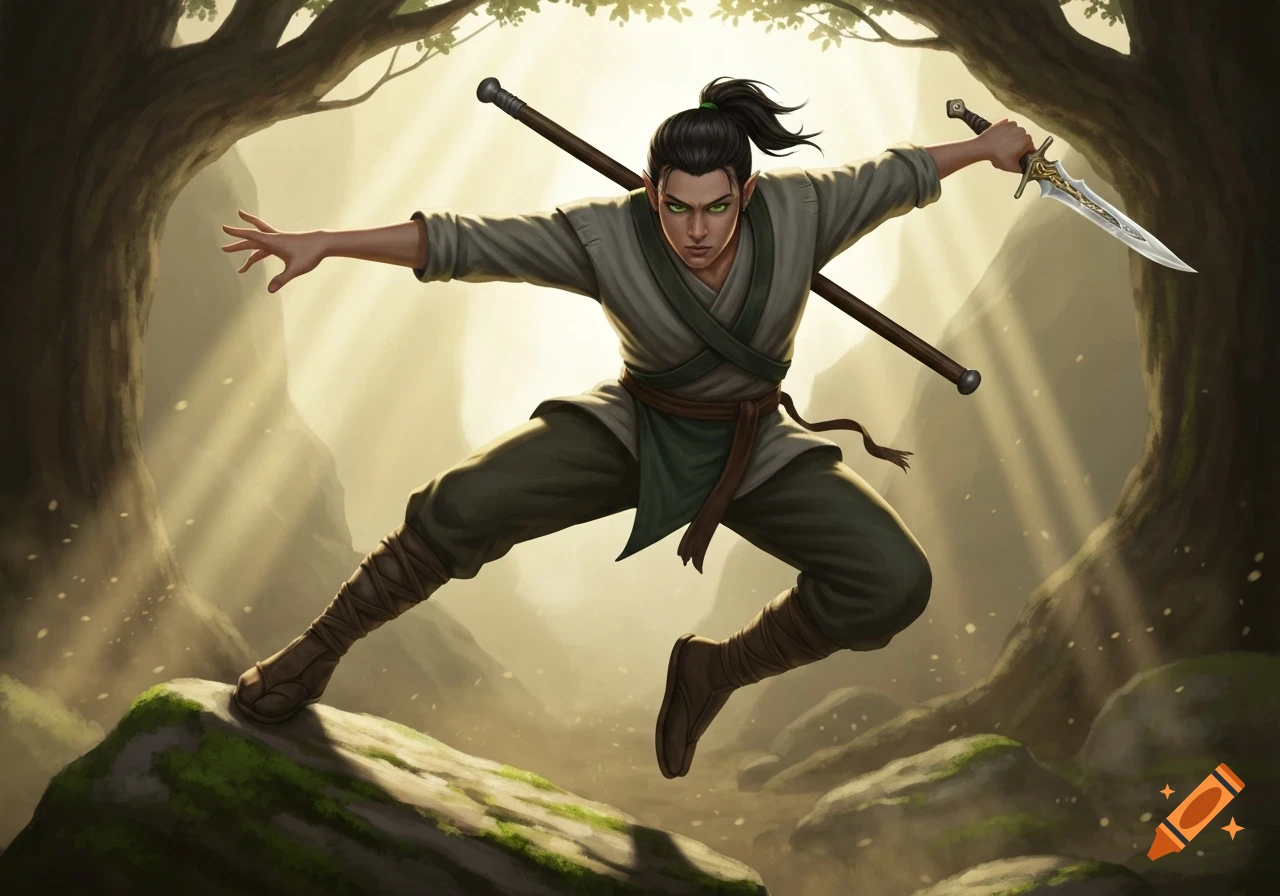 An androgynous elven DND monk character with green eyes parkouring off a boulder, holding an intricate dagger.