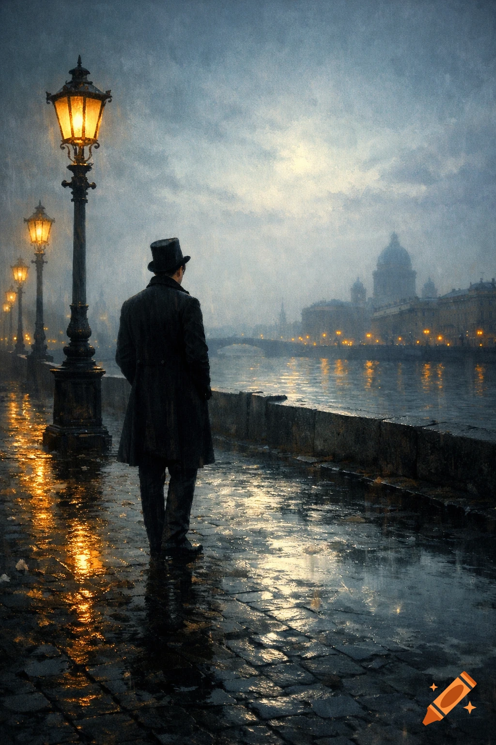 A man in a top hat and long coat walks on a wet cobblestone path beside a river, illuminated by glowing streetlights in the rain.