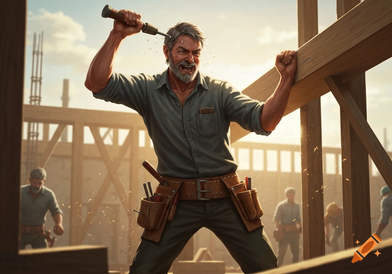 A sweating, grizzled construction worker swings a chisel at a wooden beam, gritting his teeth in a photorealistic illustration on a sunny site.