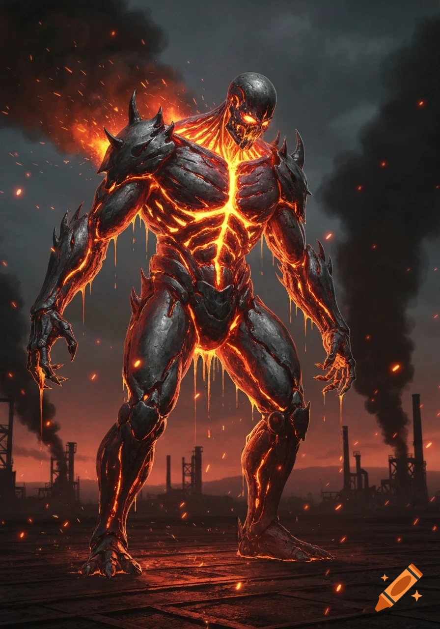 A formidable creature of molten steel and fire stands in an industrial wasteland under a smoky sky.