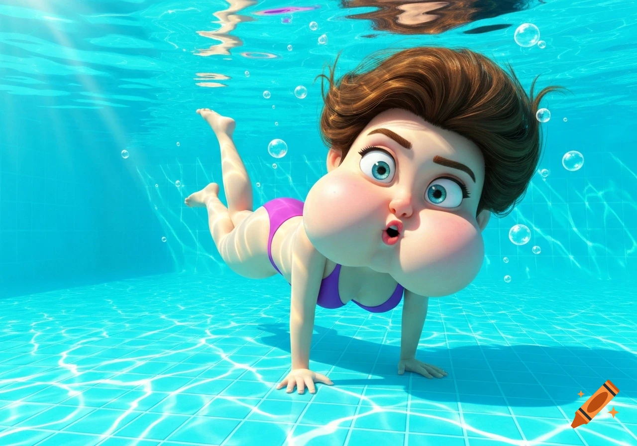 A cute cartoon woman with puffed cheeks holding her breath while swimming underwater in a bright blue pool.
