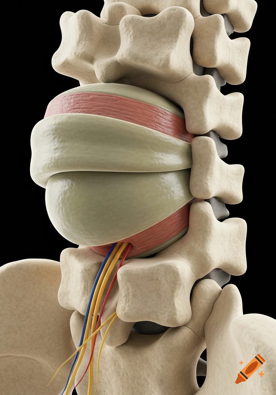 3D medical illustration of a lumbar spinal disc herniation compressing nerves.