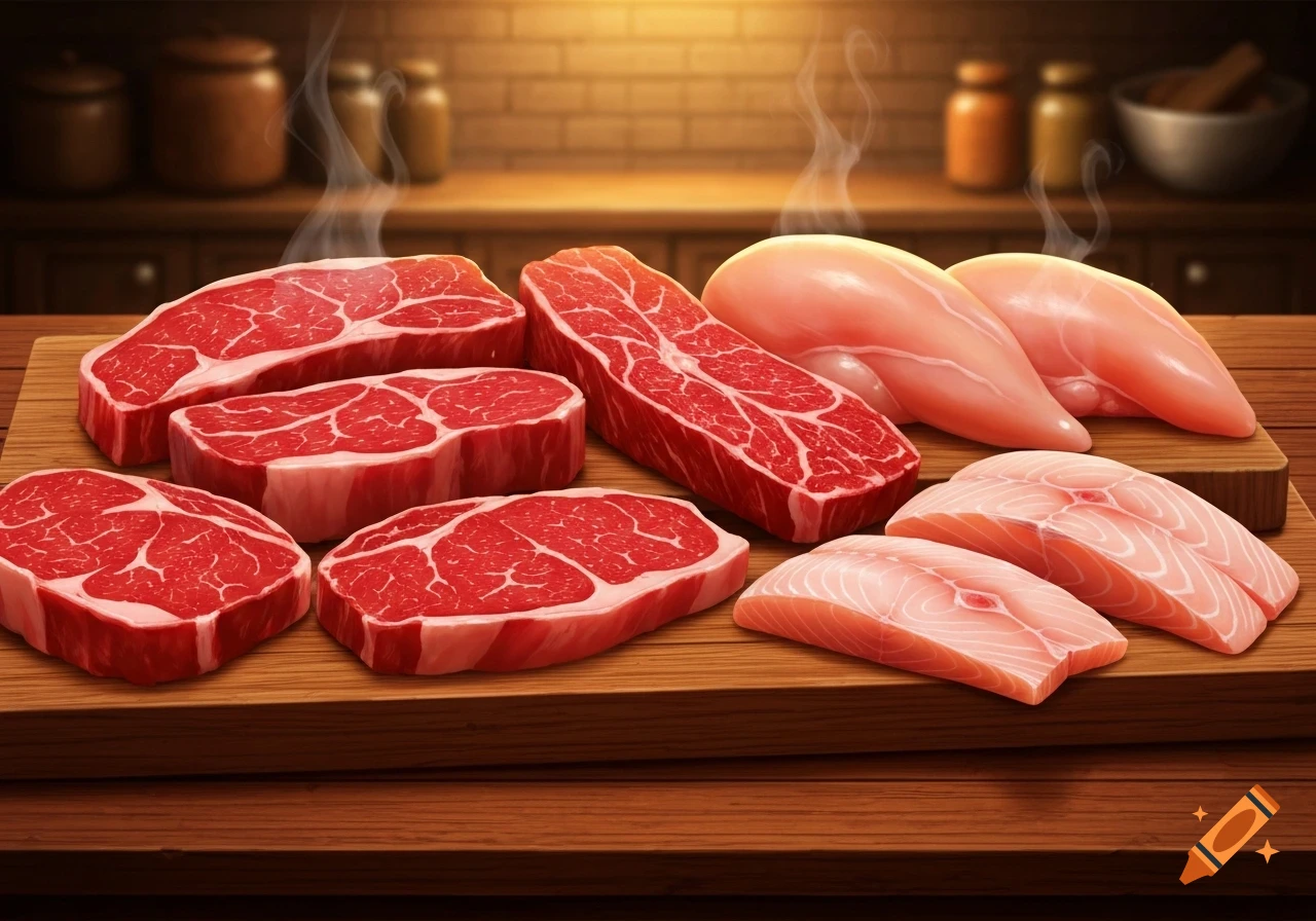 Photorealistic image of various raw meats including beef steaks, chicken breasts, and fish fillets on a wooden cutting board in a kitchen.