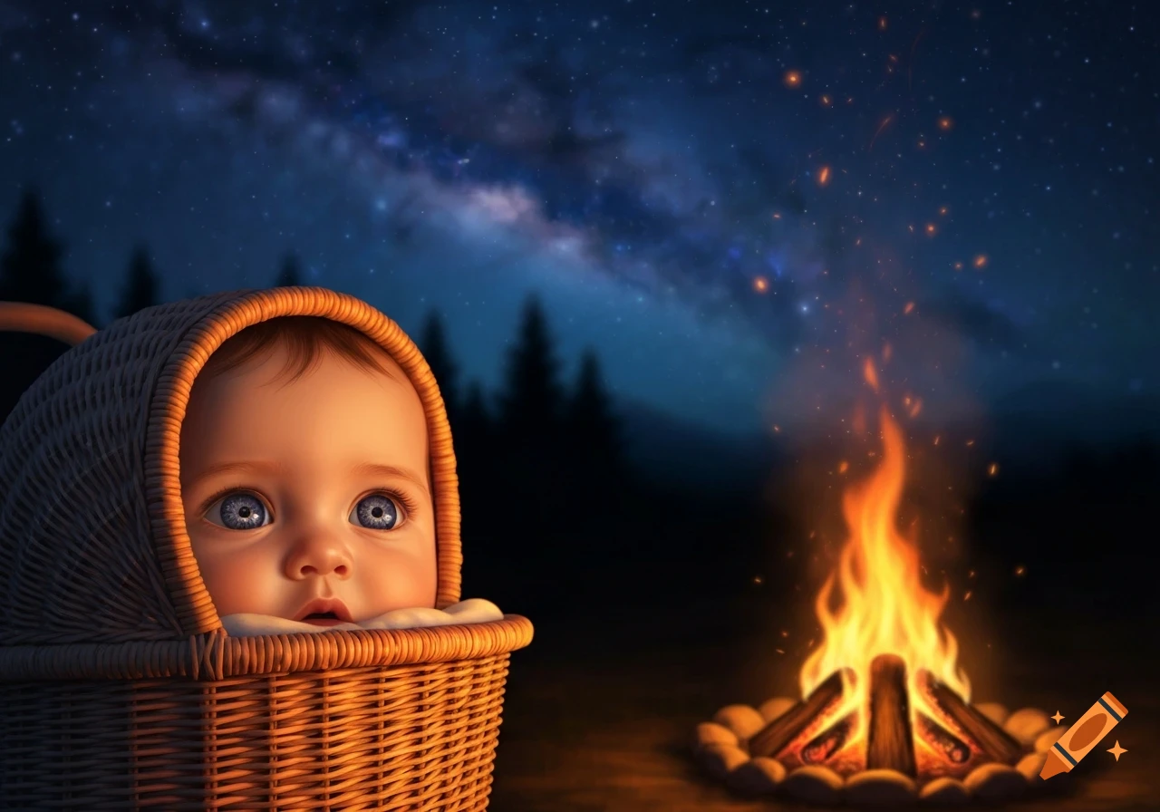 A baby in a wicker basket with blue eyes looks up, illuminated by a campfire under a vibrant starry night sky.