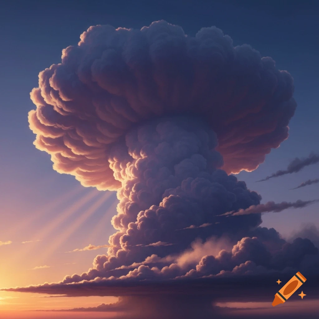 A massive, towering cloud formation, resembling a mushroom cloud, rises against a dramatic sunset sky with visible sun rays.
