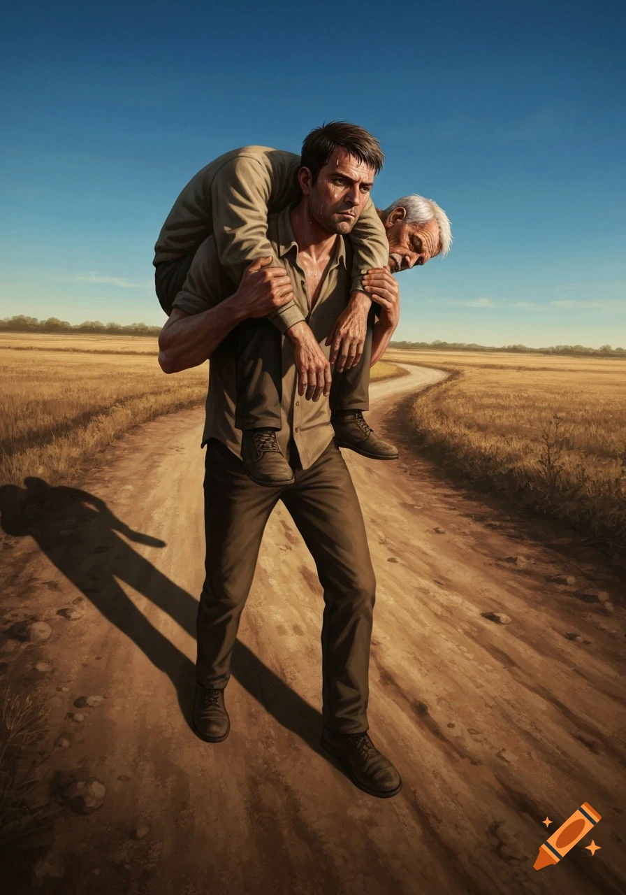 A strong man carries an older man on his back down a dirt road through a dry field under a blue sky, in a realistic digital art style.