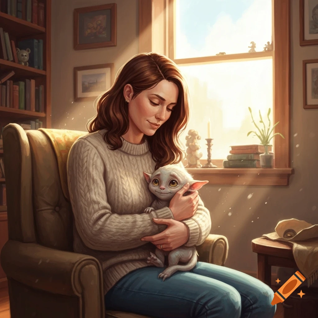 A woman with brown hair sits in an armchair, gently cradling a small, white, big-eyed fantasy creature. Sunlight streams through a window in a cozy room with a bookshelf.