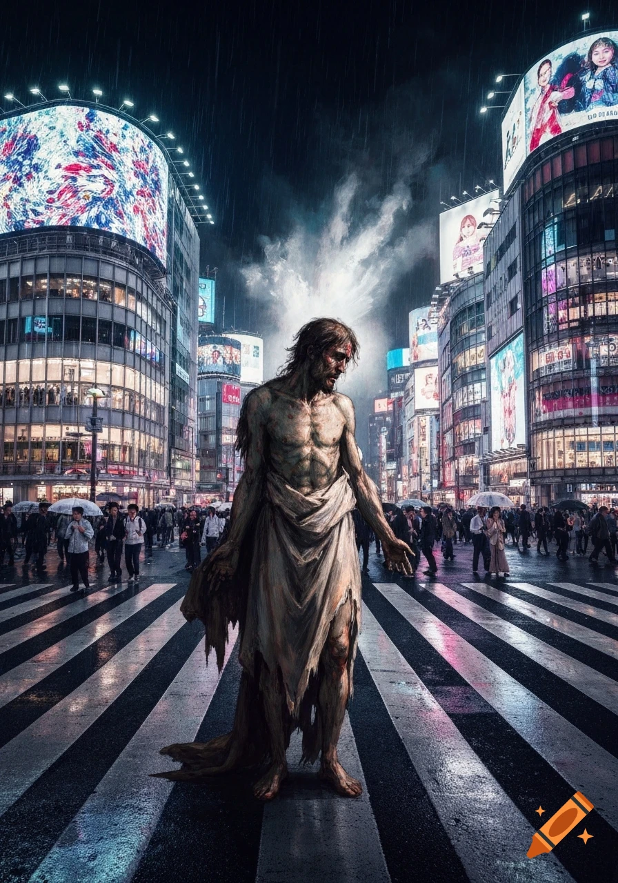 A gaunt, tattered figure stands on a wet Shibuya crosswalk at night, surrounded by brightly lit buildings and crowds in the rain.