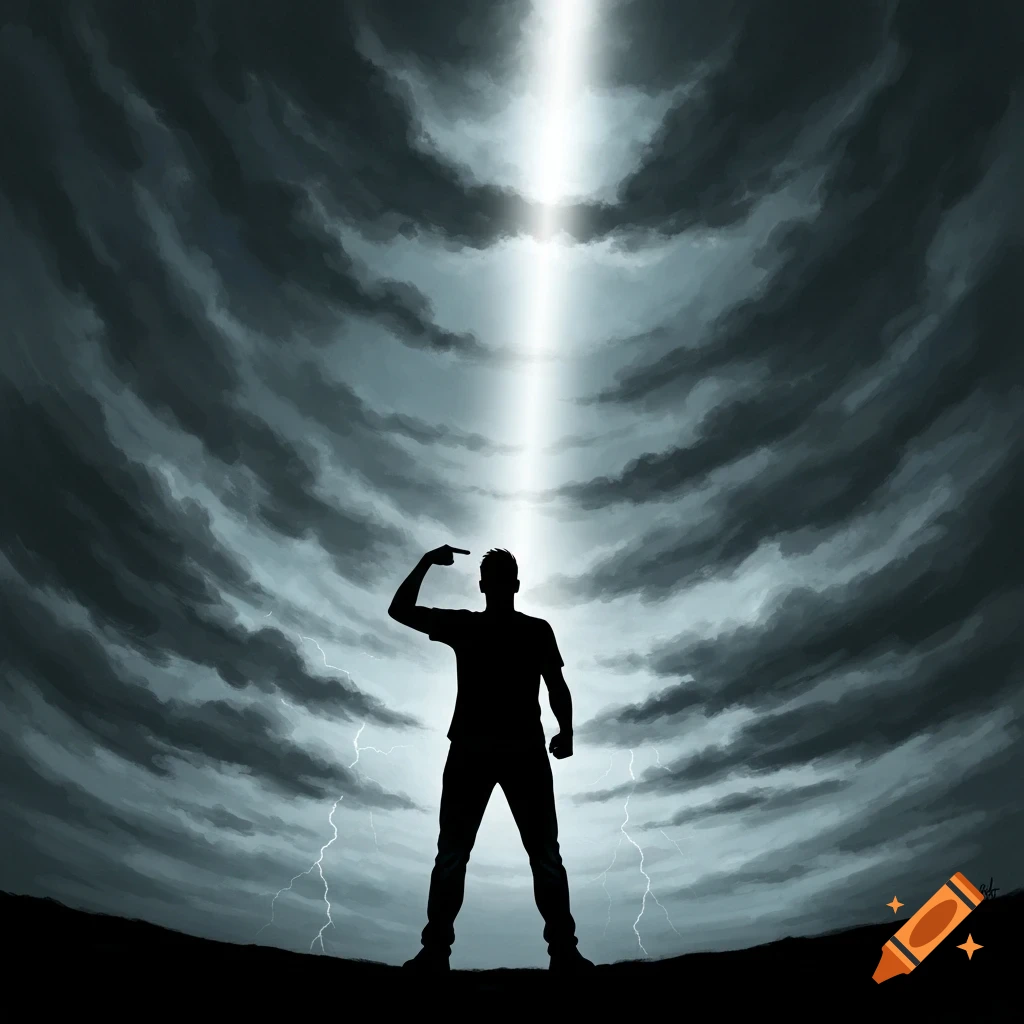 Silhouette of a person pointing at their head under a dramatic stormy sky with a bright light beam and lightning.