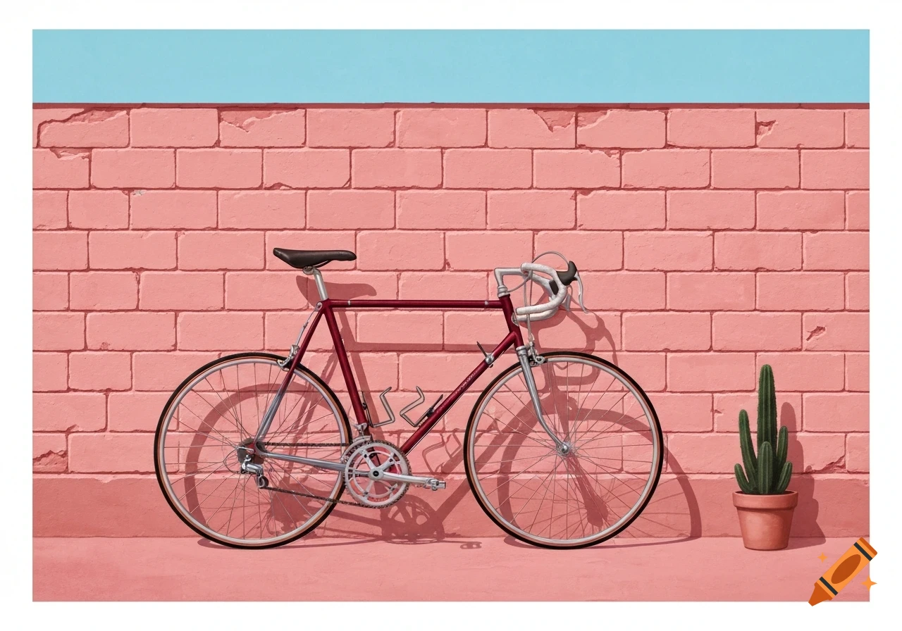 A burgundy road bike leans against a pink brick wall with a small potted cactus, in a stylized illustration reminiscent of Wes Anderson.