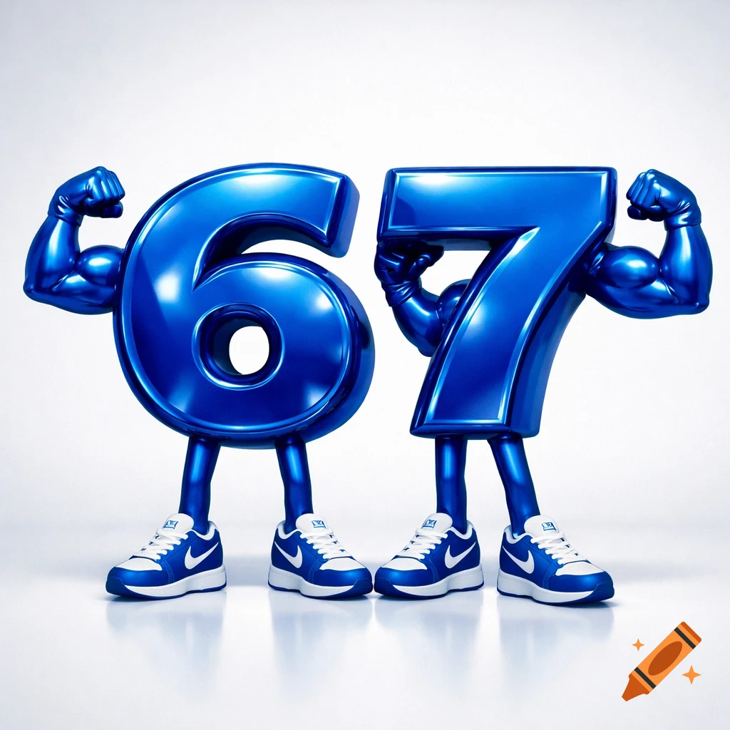 Shiny blue numbers 6 and 7 as muscular anthropomorphic characters, wearing blue and white Nike sneakers, flexing their biceps.