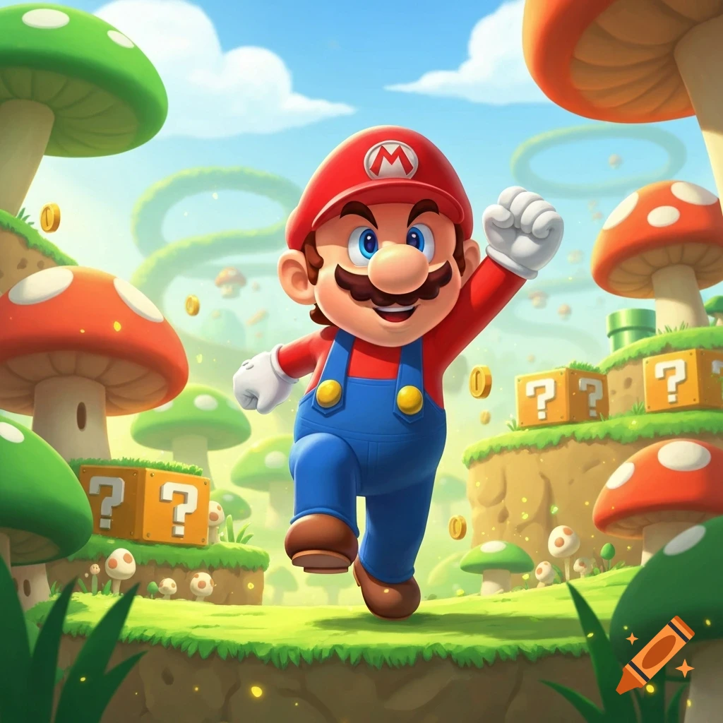 Cartoon Mario running through a vibrant mushroom kingdom with question blocks and coins under a blue sky.