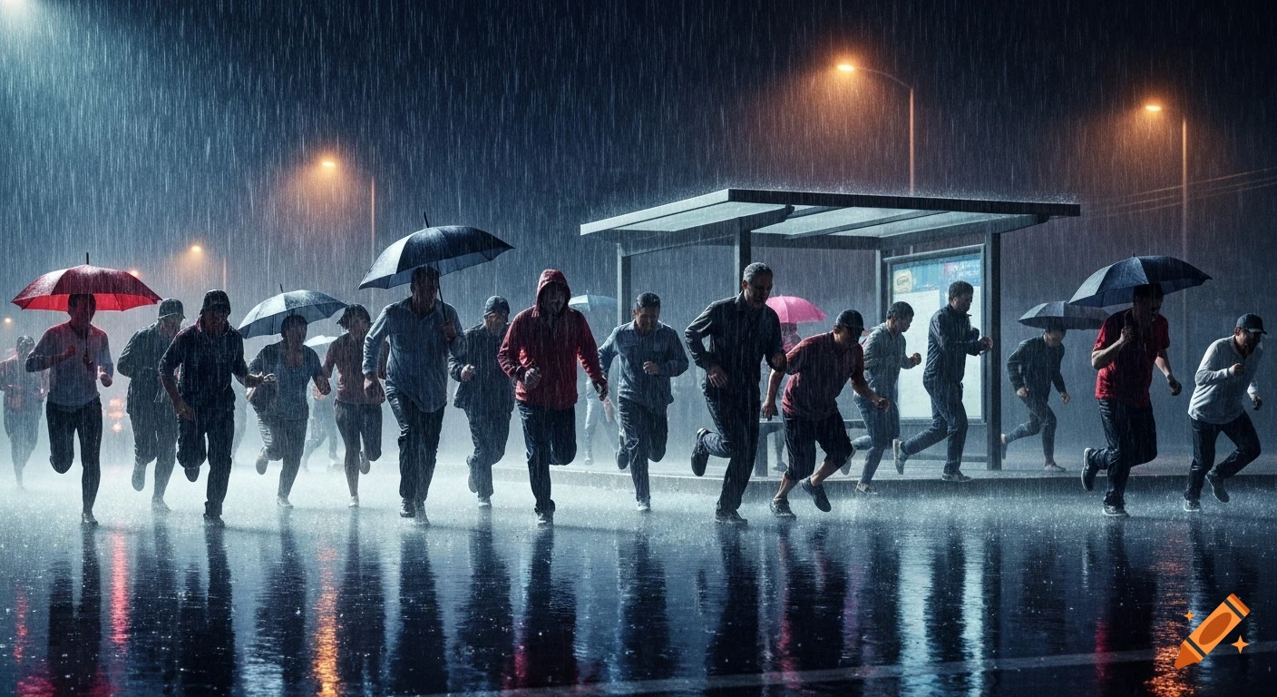 Photorealistic image of many people running in the pouring rain towards a bus stop, some holding umbrellas, with dramatic reflections on wet asphalt.