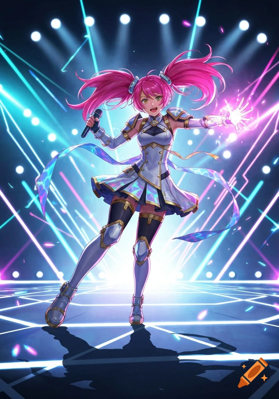 Anime girl idol with pink pigtails, white and gold outfit, holding a microphone and glowing hand on a neon-lit stage.