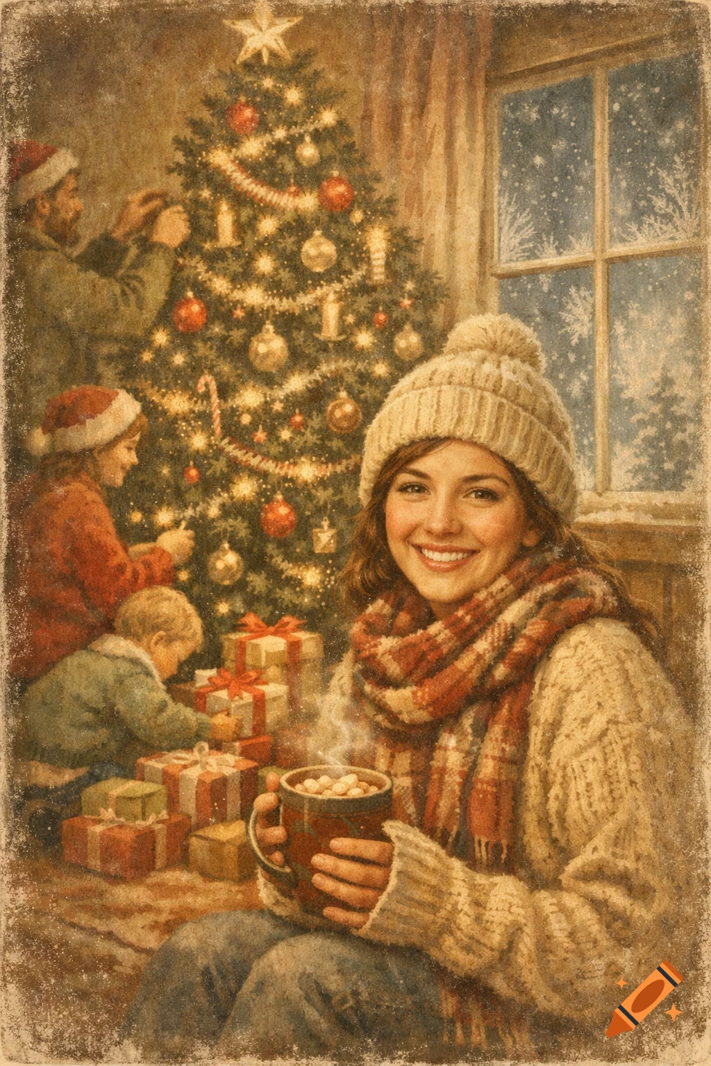 Vintage-style painting of a family decorating a Christmas tree. A woman in winter clothes holds hot chocolate, smiling, as snow falls outside.