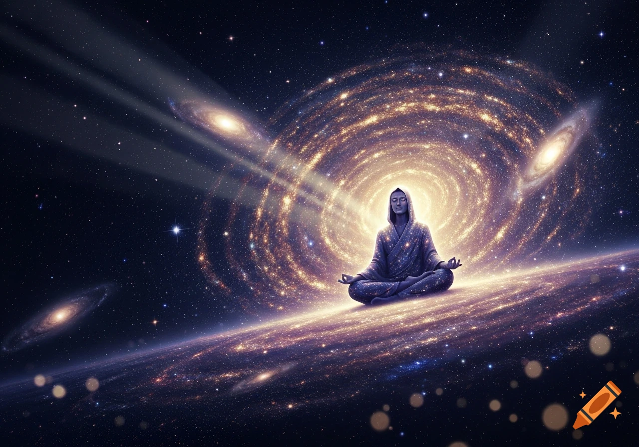 A cloaked figure meditates in a lotus position amidst glowing galaxies and stars in deep space, bathed in cosmic light.
