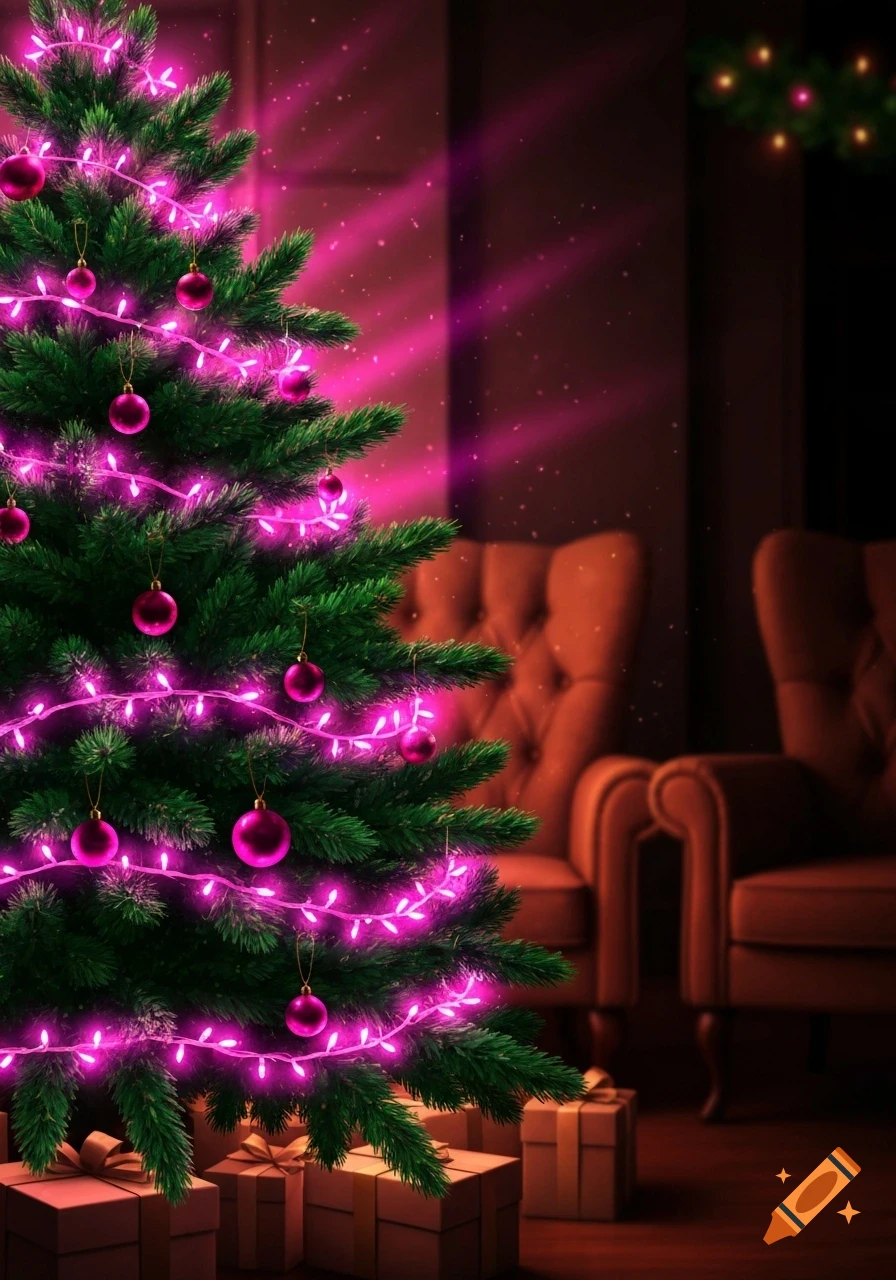 A green Christmas tree with bright pink lights and ornaments, surrounded by gift boxes, in a dark cozy living room with two armchairs.