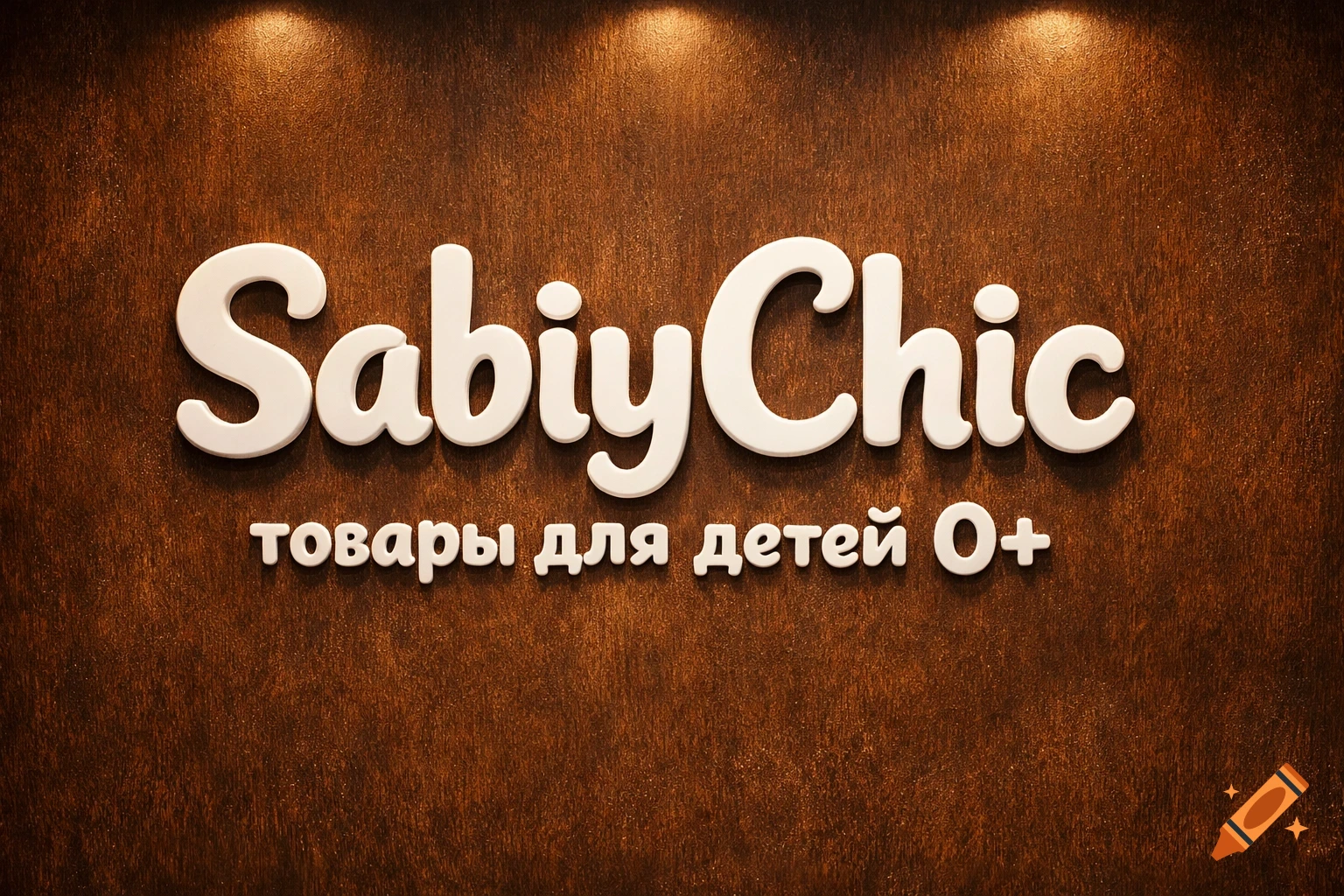 A white 3D sign for 'SabiyChic' children's store on a brown wooden background, lit from above.