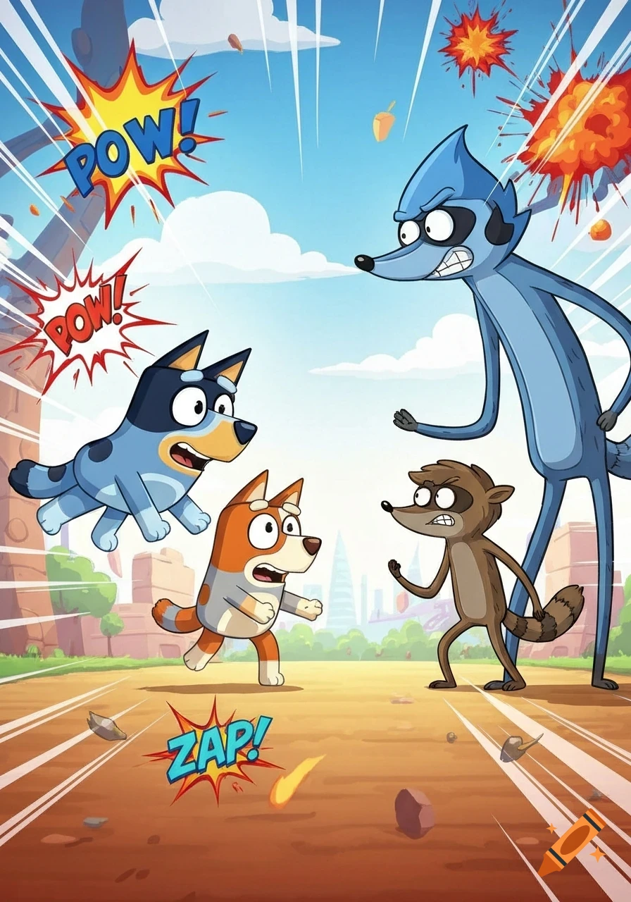 Cartoon characters Bluey and Bingo face Mordecai and Rigby in an action-packed crossover scene with comic sound effects.