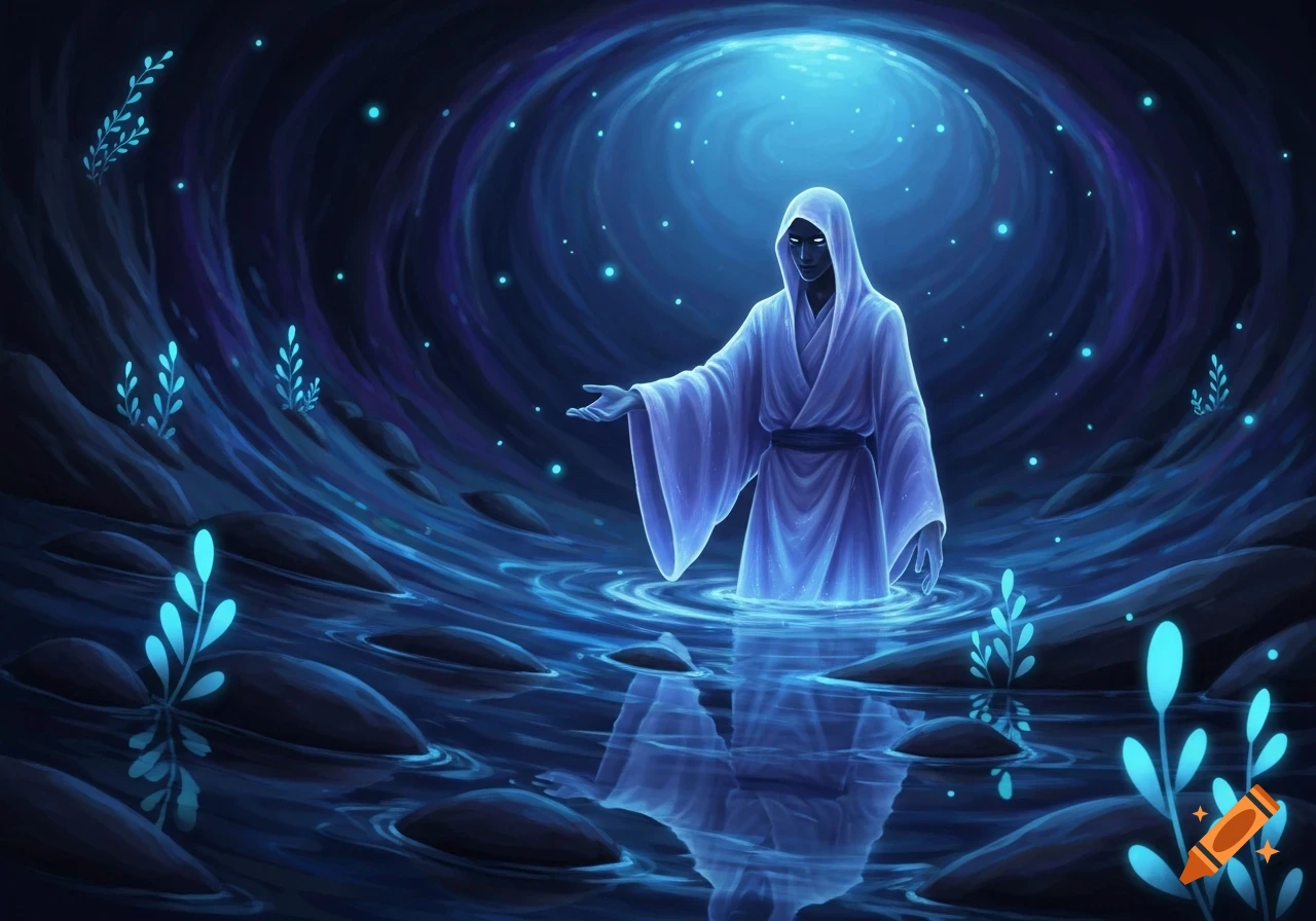 A hooded figure with glowing eyes stands in mystical blue water amidst glowing plants in a dark, swirling cave.
