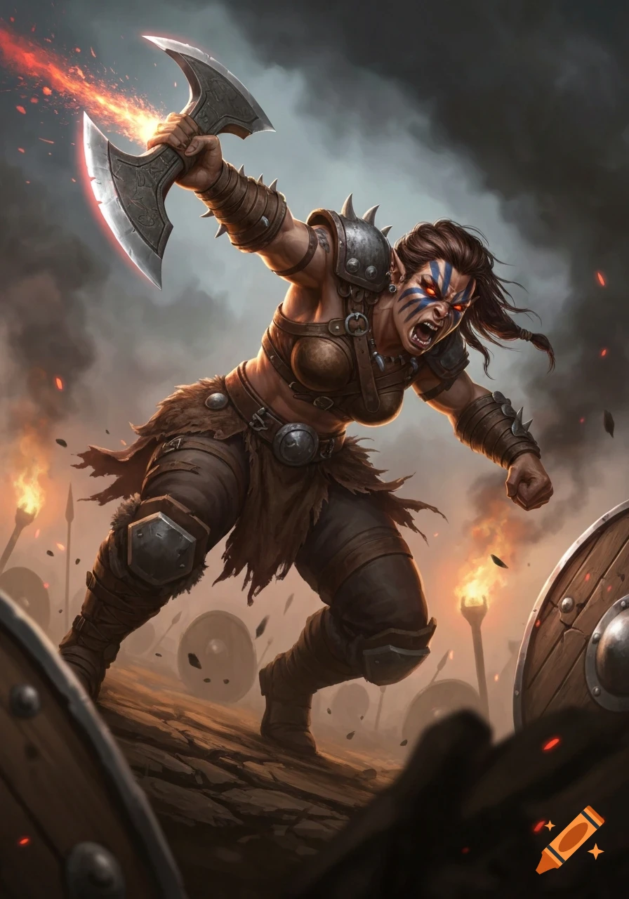 A fierce female half-orc berserker warrior with red eyes and blue war paint, wielding a flaming double axe in a dark battlefield with torches and shields.