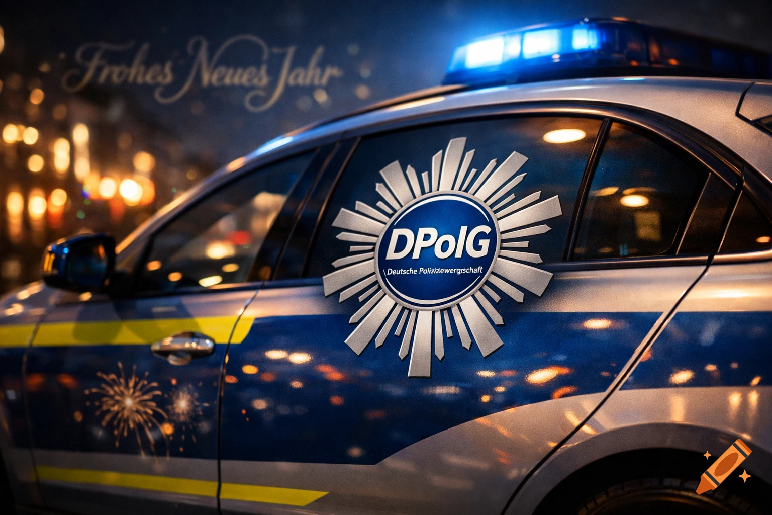 A German police car at night, adorned with a DPolG logo and fireworks, with "Frohes Neues Jahr" in the blurred background.