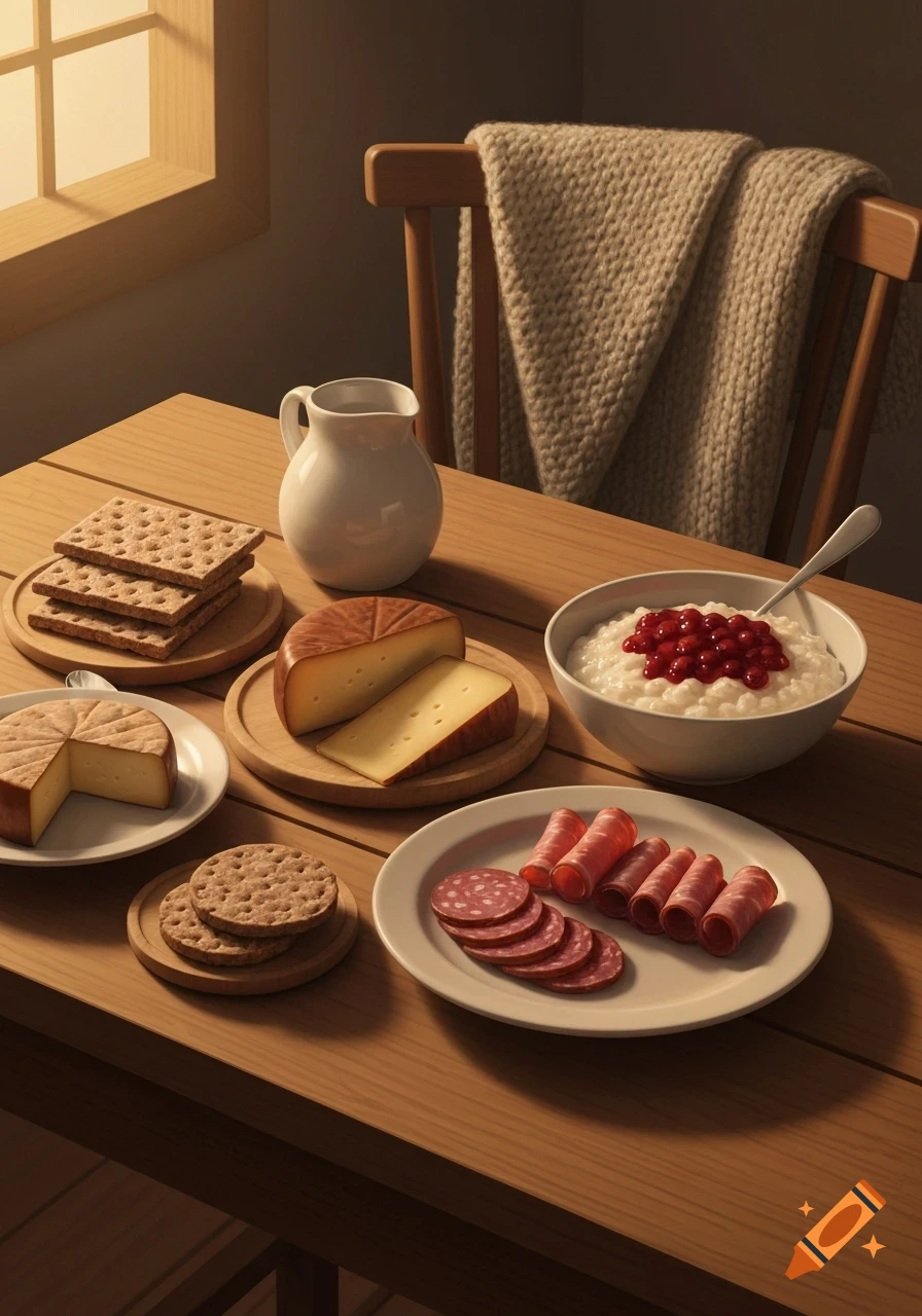 A photorealistic still life of a meal set on a wooden table, featuring cheese, crackers, porridge with berries, and sliced meats.