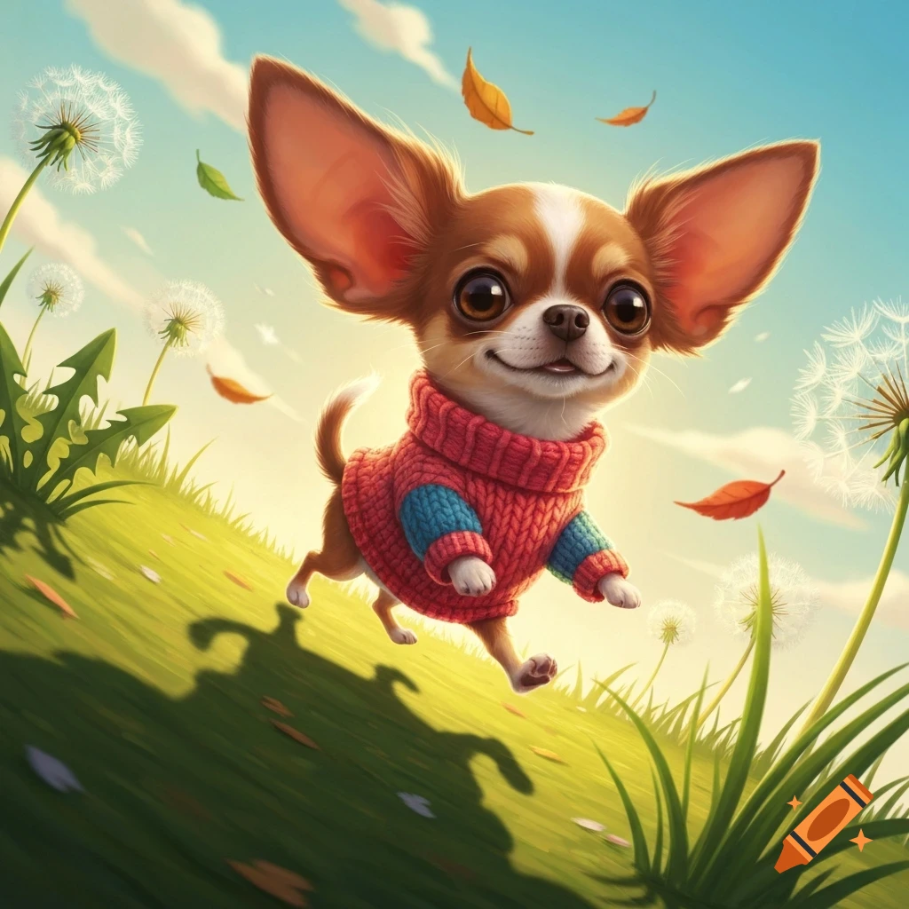Cartoon chihuahua in a red and blue sweater running through a grassy field with dandelions and falling leaves under a blue sky.