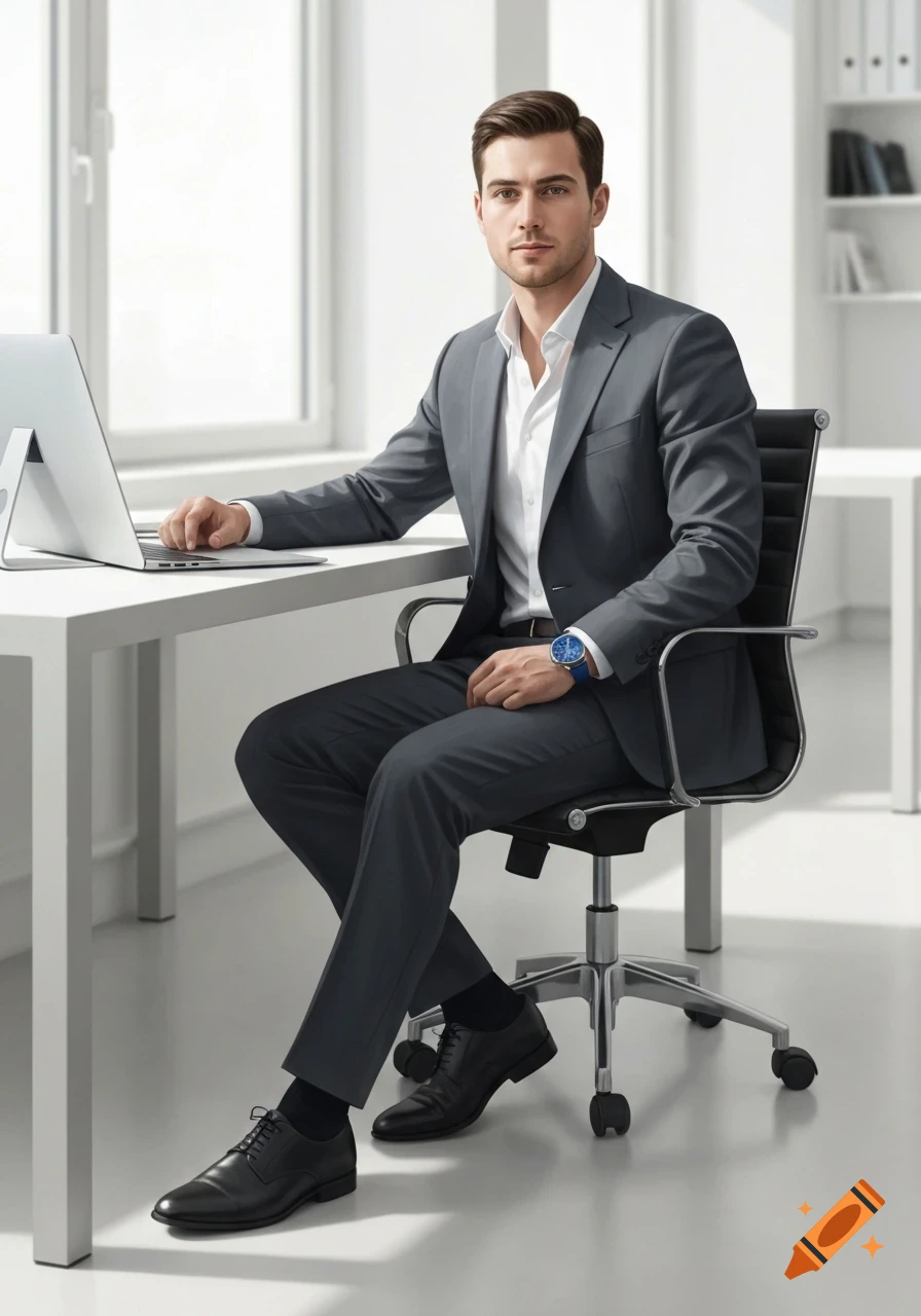 A photorealistic image of a young man in a grey suit sitting at a white desk with a laptop in a bright, modern office.