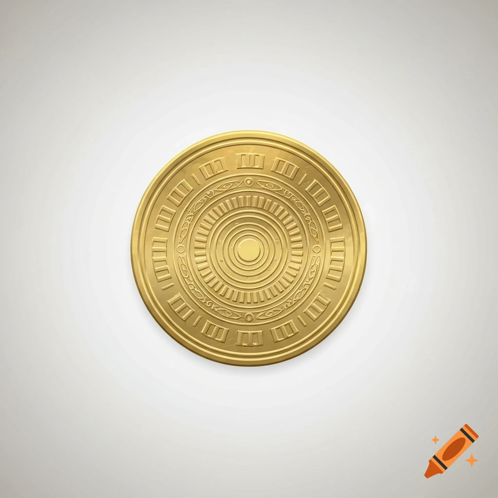 A shiny golden old coin with intricate concentric geometric patterns embossed on its surface, set against a light background.