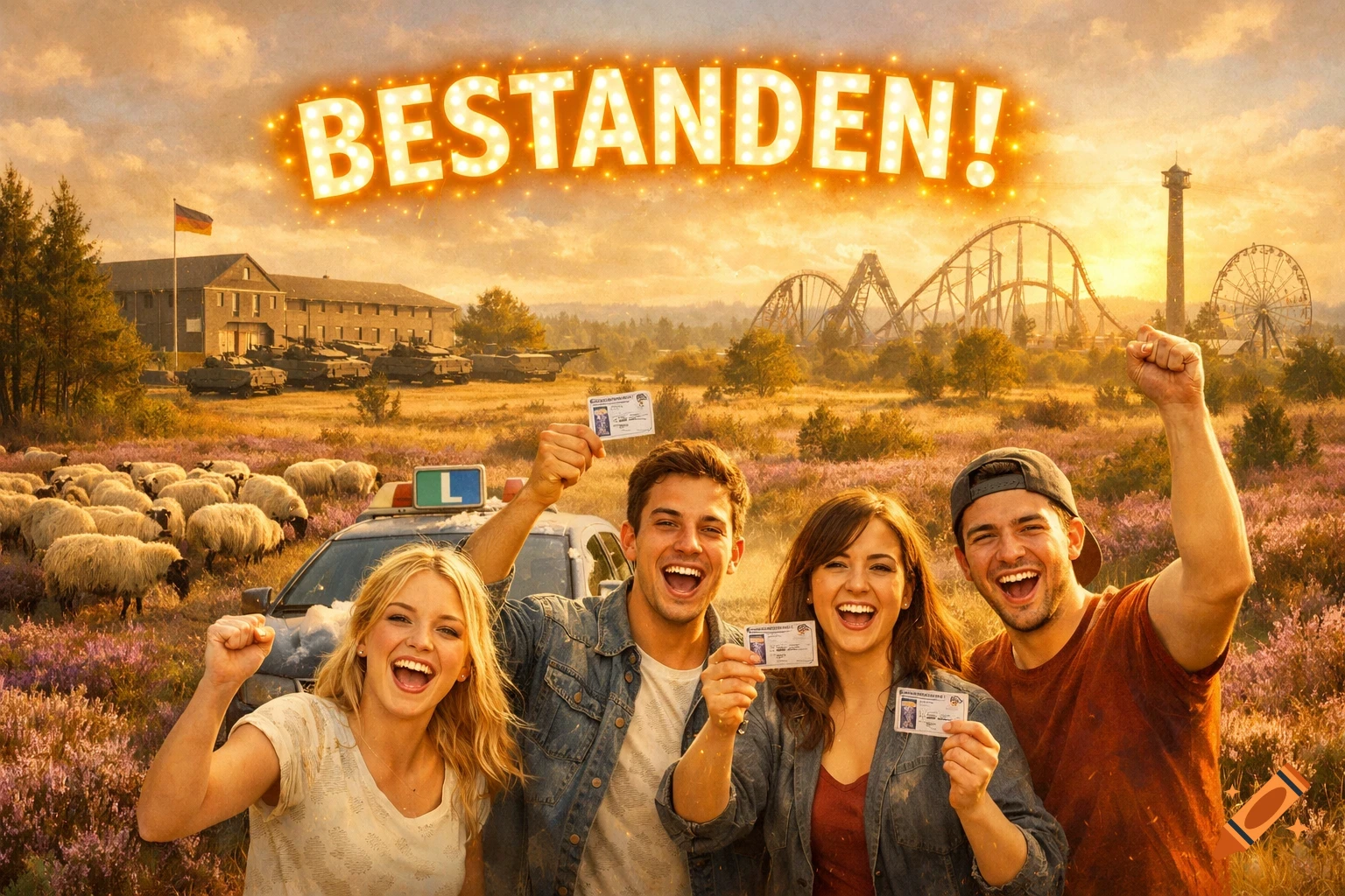 Four joyful young adults celebrate passing their driving test in a surreal landscape with sheep, tanks, and an amusement park at sunset.