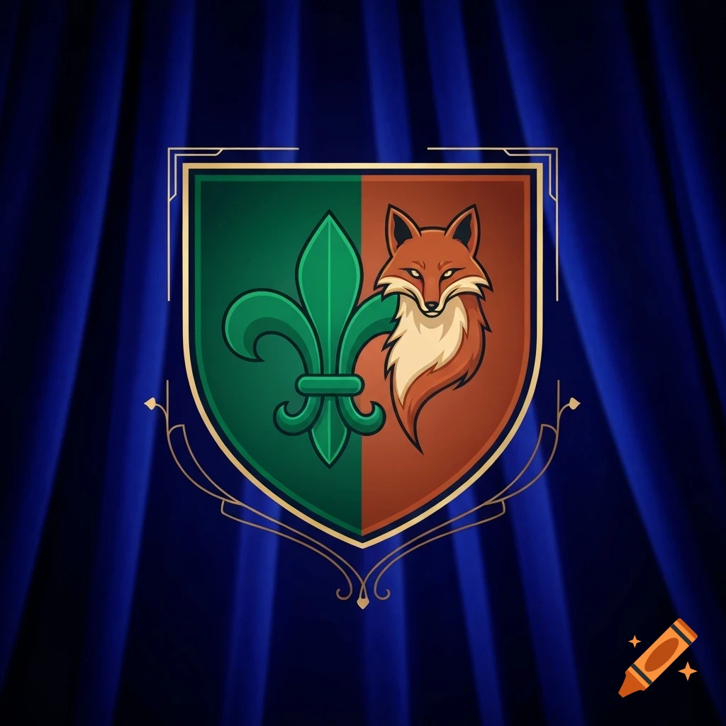 A heraldic shield featuring a green fleur-de-lis on the left and a brown fox on the right, set against a dark blue curtain.