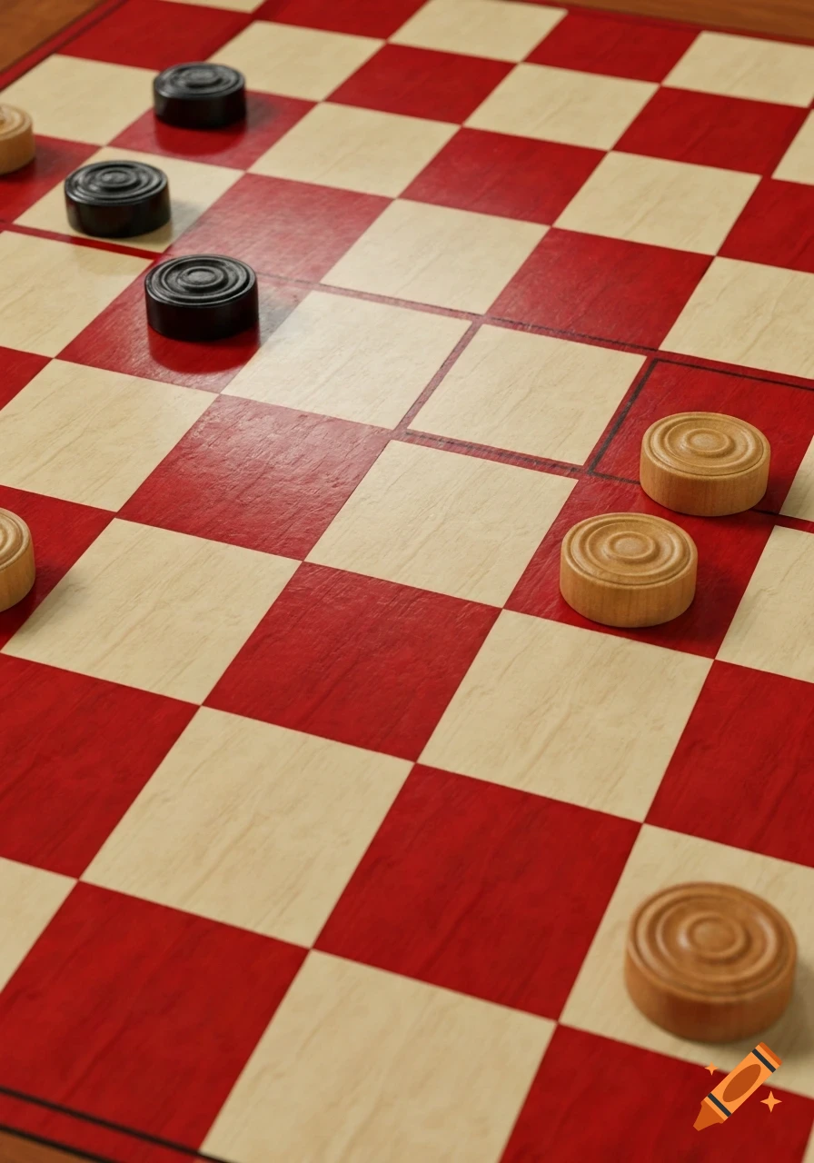 An angled close-up view of a red and cream checkered board with several black and natural wood checkers pieces.