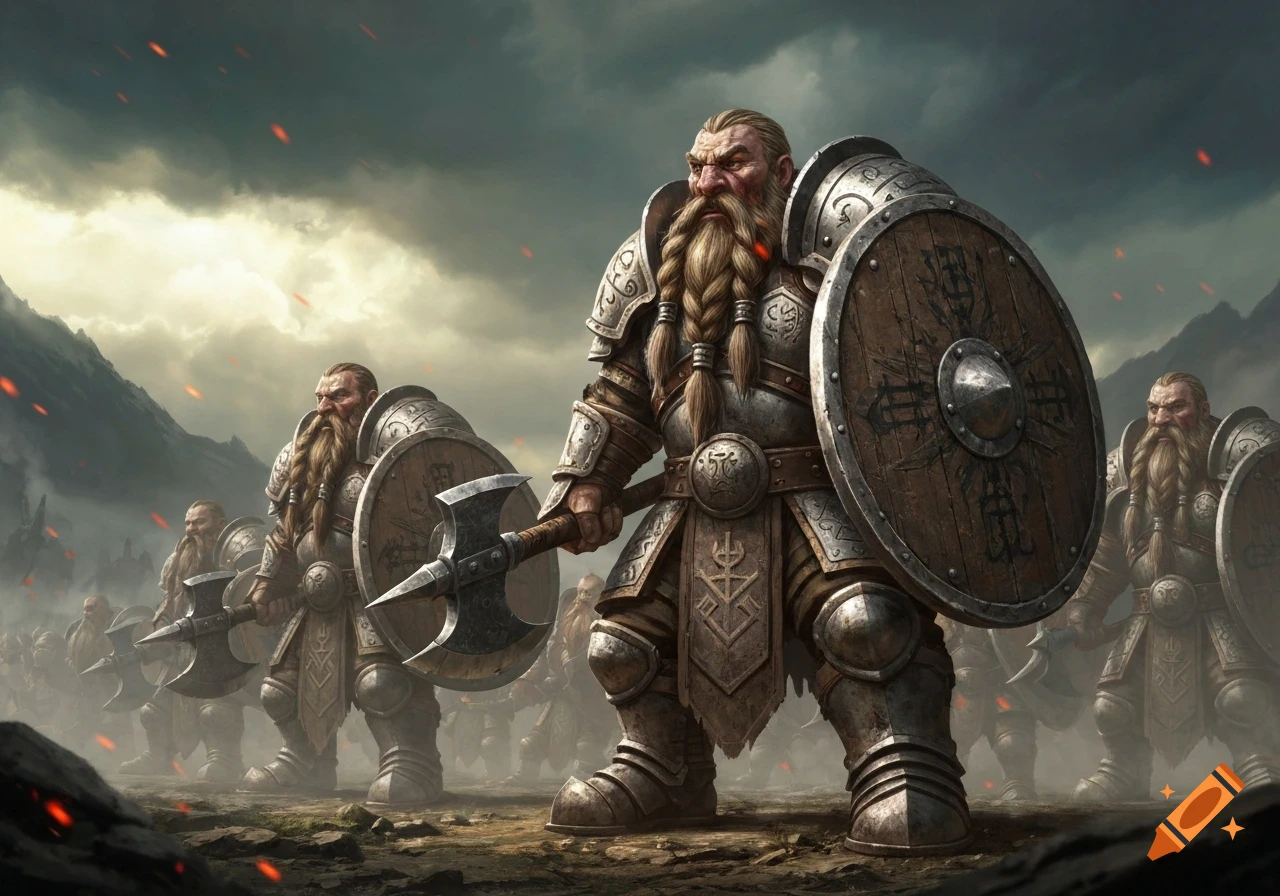 An army of heavily armored dwarf warriors with braided beards, holding axes and shields, stands under a cloudy, smoke-filled sky.