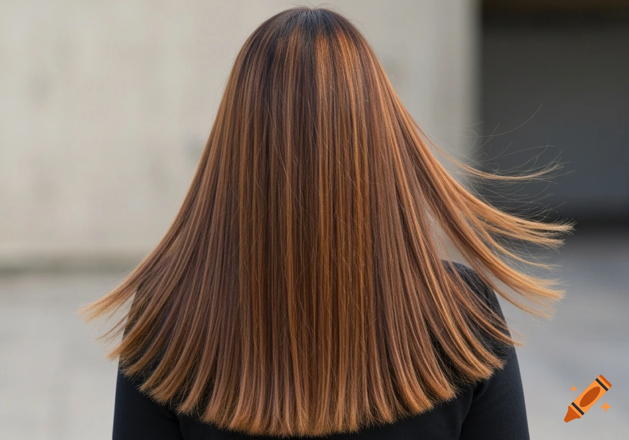 Photorealistic back view of a person with long, straight, glossy auburn hair featuring caramel and copper highlights, outdoors.