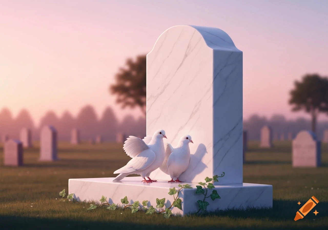 Two white doves on a white marble tombstone in a cemetery at dawn.