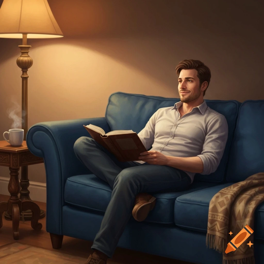 A man in a white shirt and jeans sits on a blue couch, reading a book under the warm light of a floor lamp. A mug with steam is on a side table.