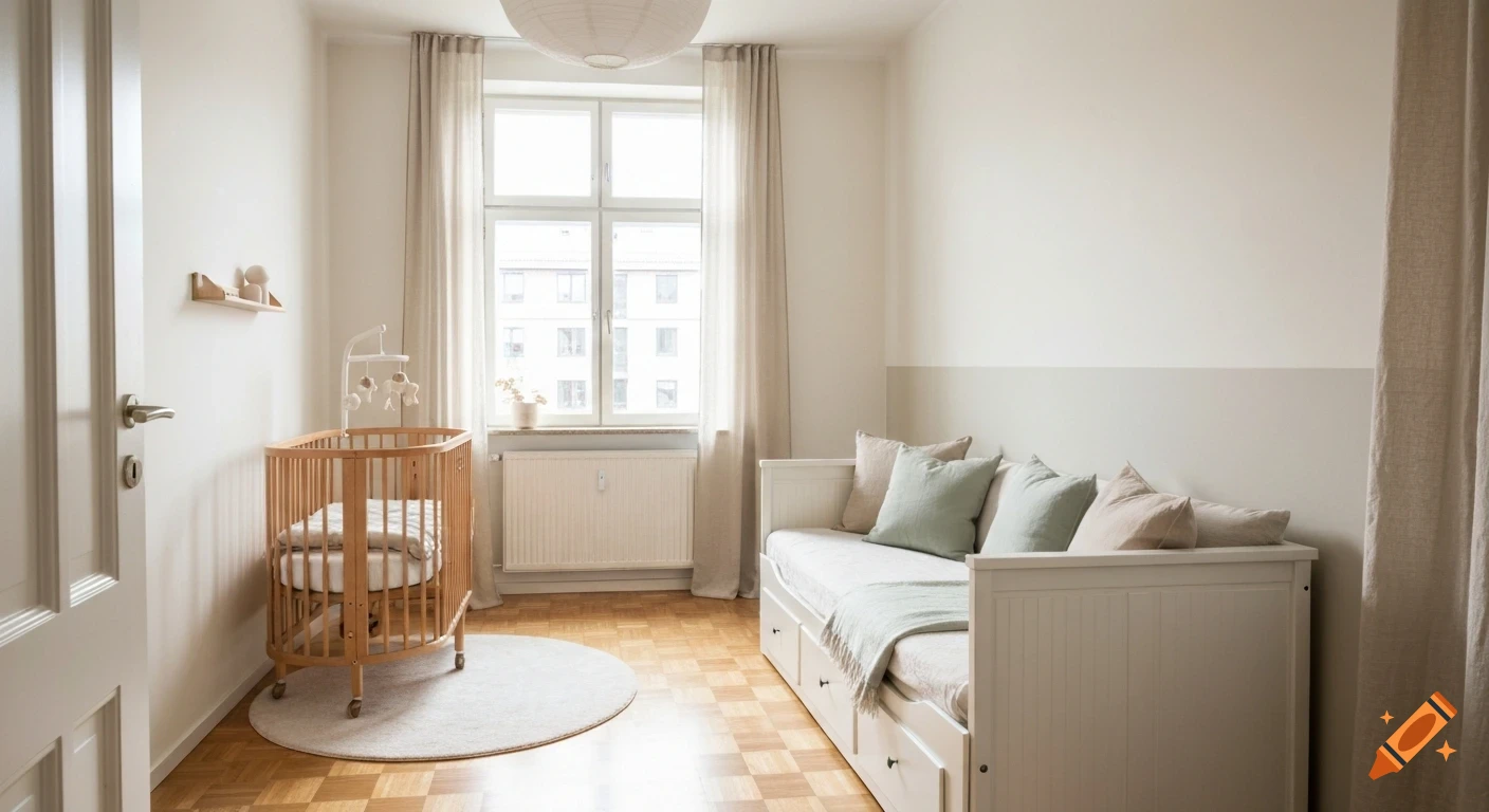 A photorealistic minimalist Scandinavian nursery and guest bedroom with a wooden crib, white daybed, and a large window.