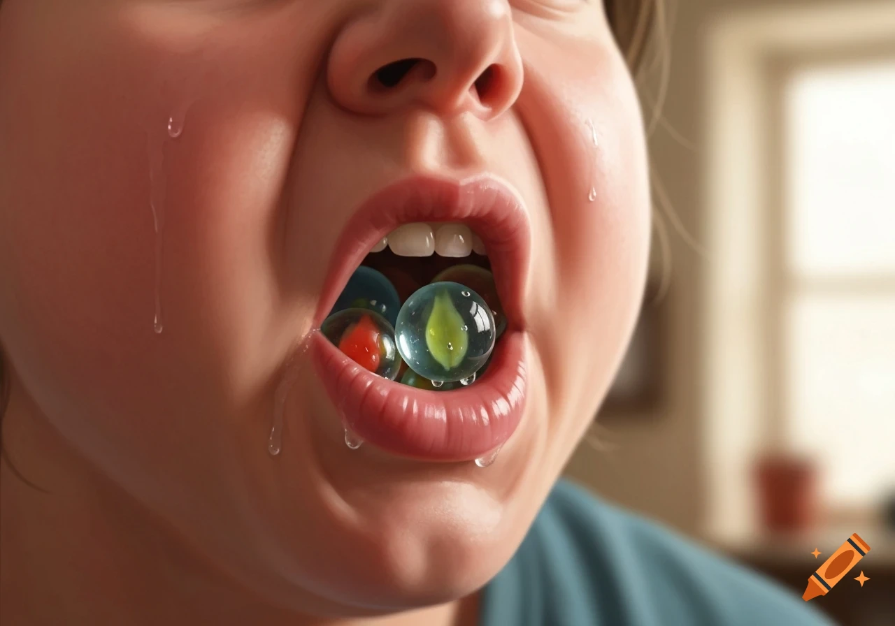 Close-up of a person's open mouth filled with colorful glass marbles, with saliva or tears dripping from the lips and cheek.