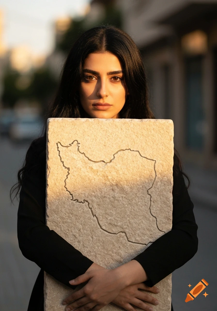 A photorealistic portrait of a young woman with long dark hair, holding a stone tablet carved with the map of Iran.
