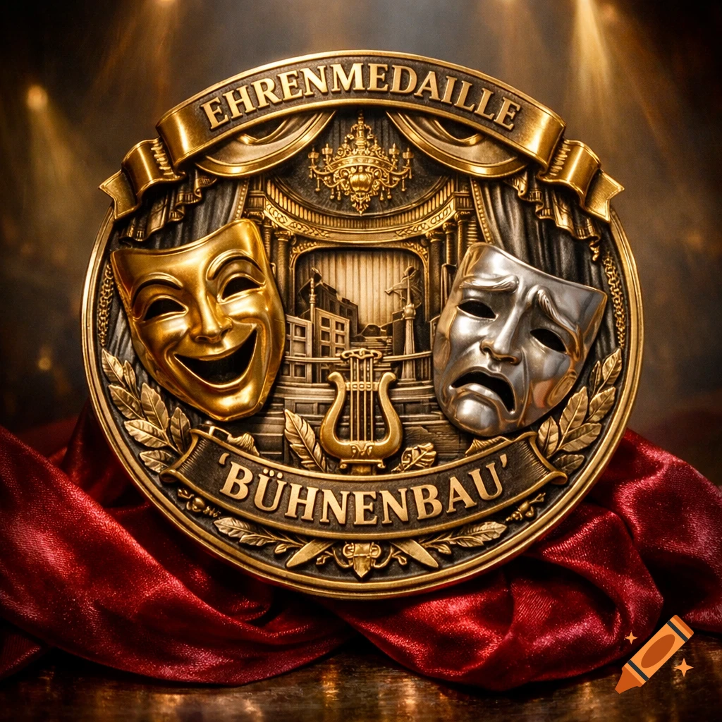 A detailed golden and silver medal depicting comedy and tragedy masks, a lyre, and stage scenery, resting on red fabric.
