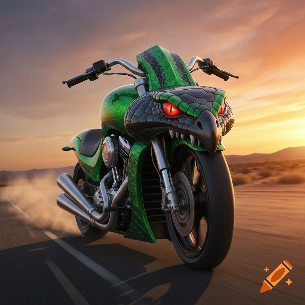 A custom green motorcycle with a cobra head fairing and glowing red eyes, driving on a desert road at sunset.